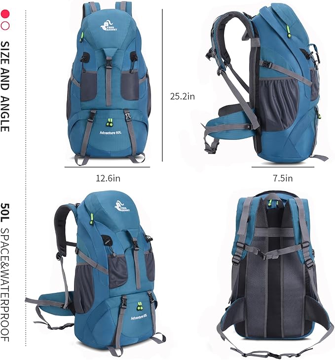 Bseash 50L Hiking Backpack, Water Resistant Lightweight Outdoor Sport Daypack Travel Bag for Camping Climbing Skiing Cycling (Blue Green - With Shoe Compartment)