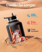 Coolflask 64oz Insulated Water Bottle with Strap, Half Gallon Large Water Jug with Straw & Spout Lids, Double Wall Stainless Steel Metal Flask, Keep Cold 48h Hot 24h, Leak Proof&Non-BPA, Magic Black