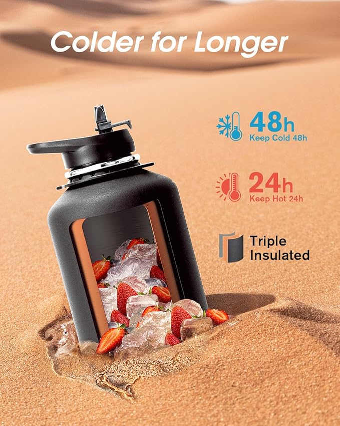 Coolflask 64oz Insulated Water Bottle with Strap, Half Gallon Large Water Jug with Straw & Spout Lids, Double Wall Stainless Steel Metal Flask, Keep Cold 48h Hot 24h, Leak Proof&Non-BPA, Magic Black