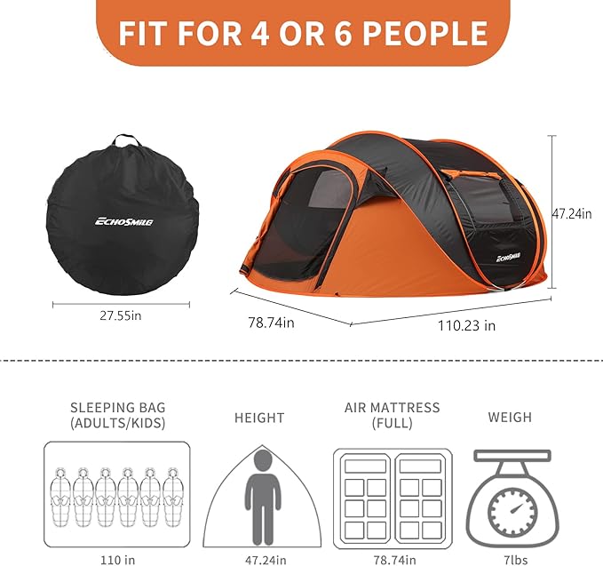 EchoSmile Instant Pop Up Camping Tent, 2/4/6 Person, Easy Setup Tent, Water Resistant Dome, Portable with Carry Bag