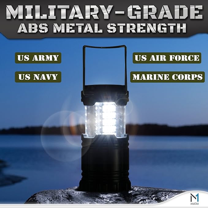 Mata1-USA LED Camping Lanterns (Black, 2 Pack), Emergency Lights for Power Outages, Long-Lasting Battery-Powered Lights w/ 3 Adjustable Brightness Levels, Collapsible Lamps for Indoor & Outdoor Use