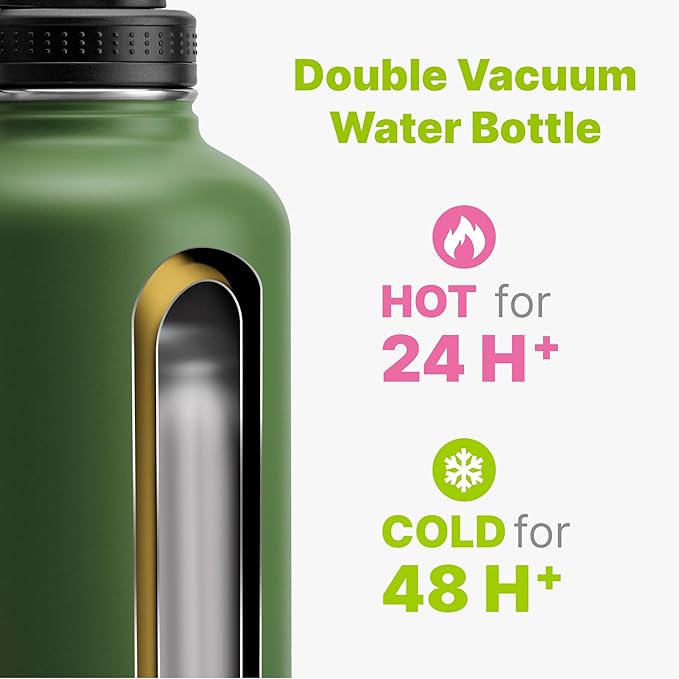 64 oz Water Bottle- Stainless Steel Vacuum Insulated Wide Mouth Sports Water Bottle with Spout Lid-Reusable Metal Leak Proof Travel Water Flask (Grass Green)