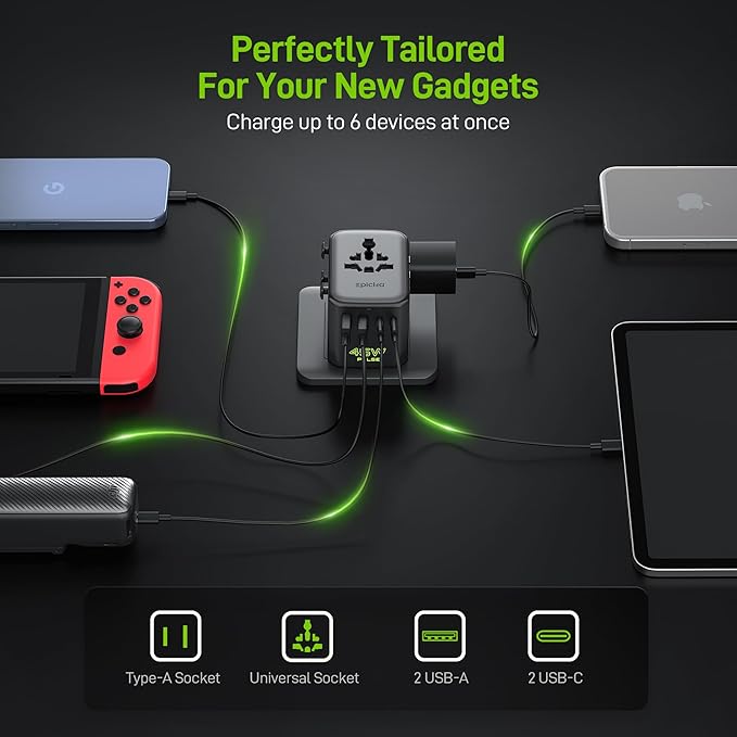 Epicka Pulse Duo 45W Universal Travel Adapter, International Power Adapter with PD & QC 3.0 Fast Charging for 2 Devices Simultaneously, European Travel Plug Adapter, Travel Essentials (Black)