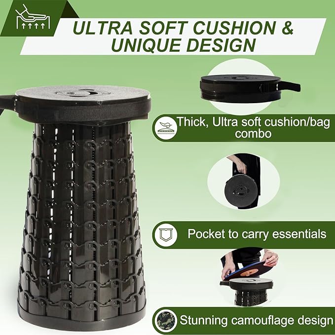 ALEVMOOM 2025 Upgraded XXL Collapsilbe Stool with Cushion,More Sturdy and Height 19.7“,D11.8”,Portable and Lightweight Adjustable Telescoping Stool for Camping Hiking BBQ Max Loading 1000Ibs