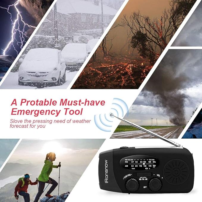 Solar Emergency NOAA Weather Radio Dynamo Hand Crank Self Powered AM FM WB Radios 3 LED Flashlight 2000mAh USB Smart Phone Charger Power SOS Alarm (Black)