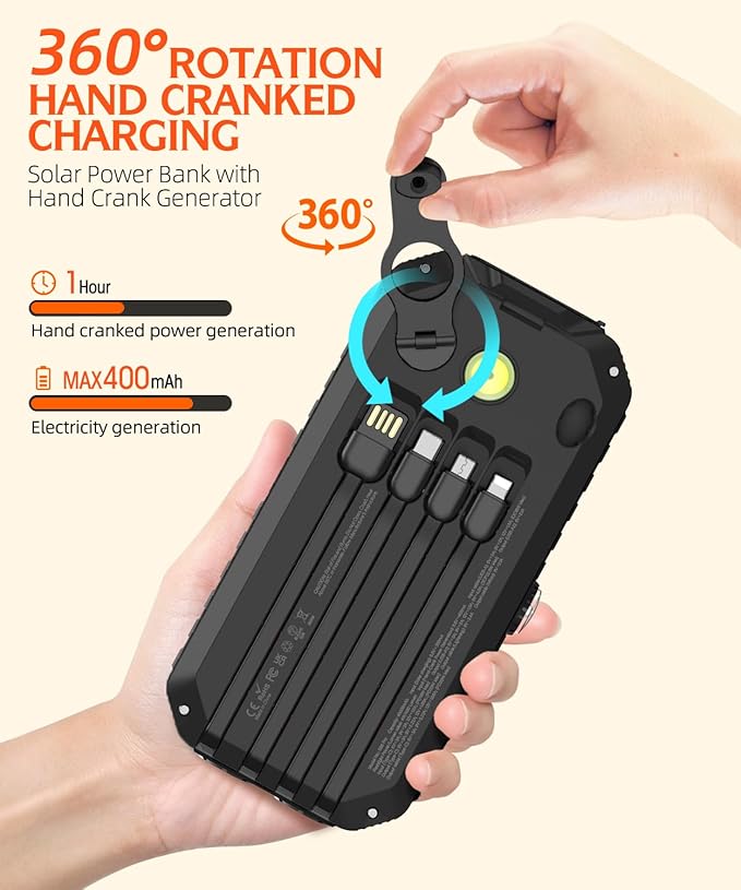 QiSa Solar Charger Power Bank 40000mAh Built in 4 Cables and Hand Crank, Portable Charger 22.5W Fast Charger 6 Outputs & 4 Inputs External Battery Pack with Bright Flashlight and Compass