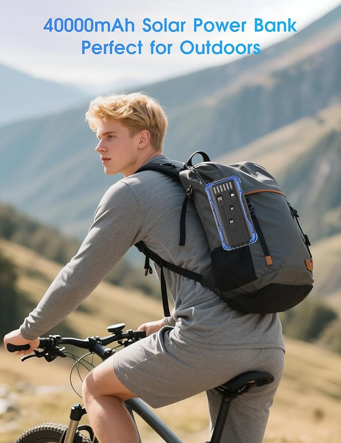 Solar Charger Power Bank, PD 20W Fast Charging External Batter, 40000mAh Portable Phone Charger Built in 4 Cables with Dual Bright Flashlights for Camping, Hiking, and Outdoor Use (Blue)