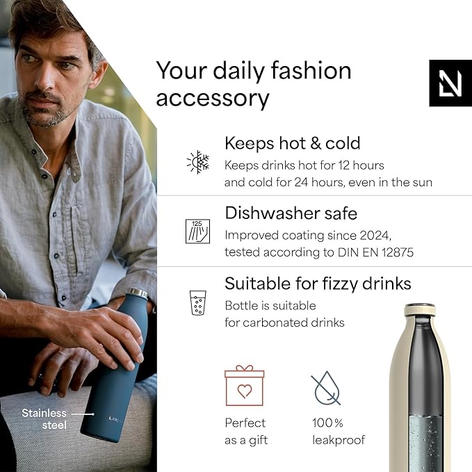 LARS NYSØM Stainless Steel Insulated XL Water Bottle 12oz 17oz 25oz 34oz 51oz | Insulated Thermo Flask for Hot and Cold Beverages | Leakproof Drinking Bottle (Almond Beige, XL 50.7oz)