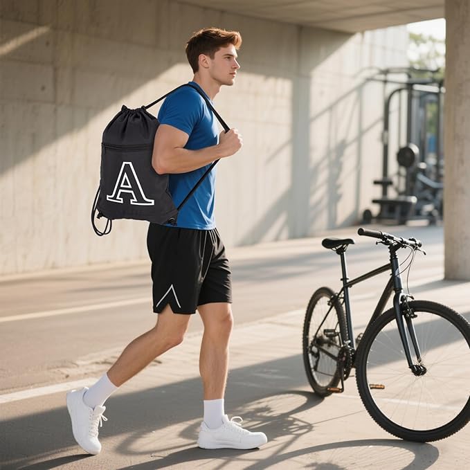 HOLYLUCK Drawstring Bags Initial Backpack Sackpack Cinch Bags for Sports, Gym, Travel, Beach, Letter (Black-A)