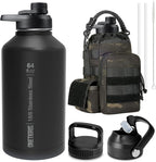 OneTigris Tactical Half Gallon Water Bottle with Straw - 64 oz Vacuum Insulated Stainless Steel Water Jug, Leakproof Sport Bottle with 3 BPA Free Lids, Paracord Handle & MOLLE Water Pouch for Outdoor