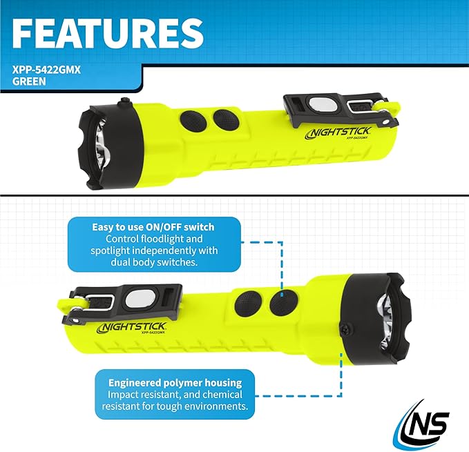 Nightstick XPP-5422GMX X-Series Intrinsically Safe Dual-Light Flashlight with Dual Magnets, Green/Black