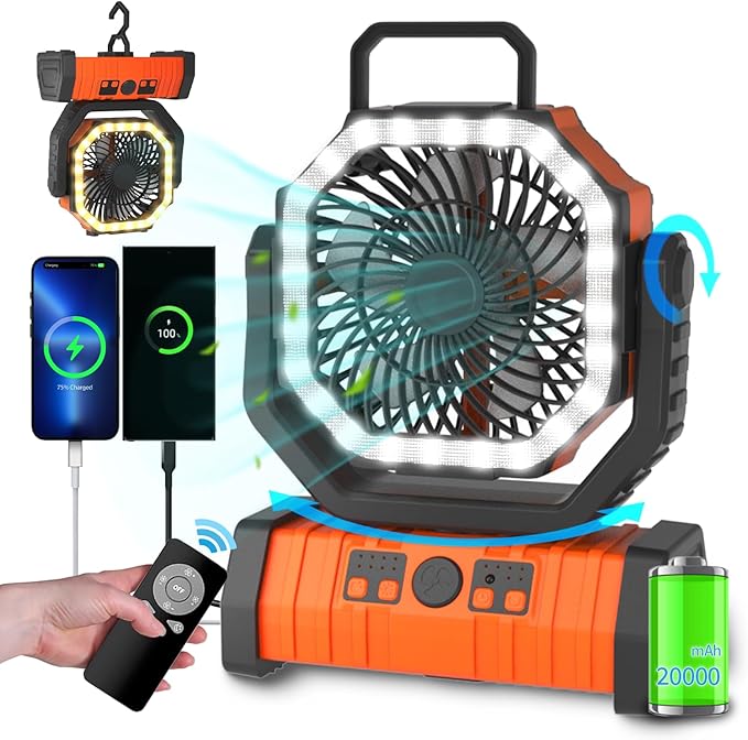 ADUST Camping Fan - 20000mAh Battery Powered Fan Battery Operated Rechargeable Portable Outdoor Tent Fans with Hanging Hook, Cordless, 4 Speeds, Remote Control - Orange