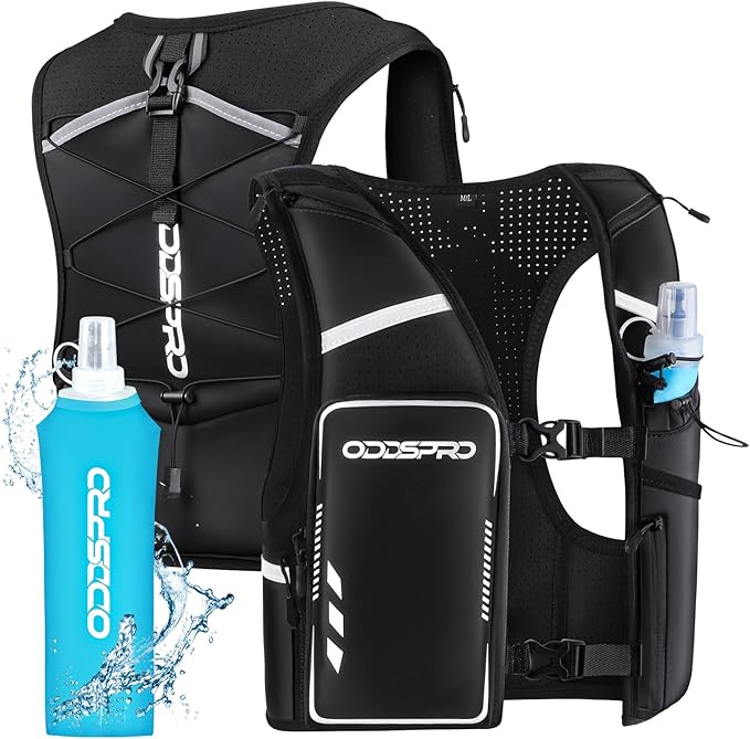 Running Vest for Women Men, Phone Pocket Running Hydration Vest with 500ML Soft Flask, Adjustable Chest Waist Straps, 10 Pockets Reflective Breathable Hydration Vest for Hiking, Biking, Marathon