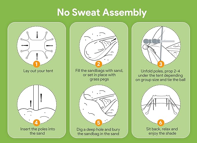 Osoeri Beach Tent, Camping Sun Shelter UPF50+ with 8 Sandbags, Sand Shovels, Ground Pegs & Stability Poles, Outdoor Shade Beach Canopy for Camping Trips, Fishing, Backyard Fun or Picnics