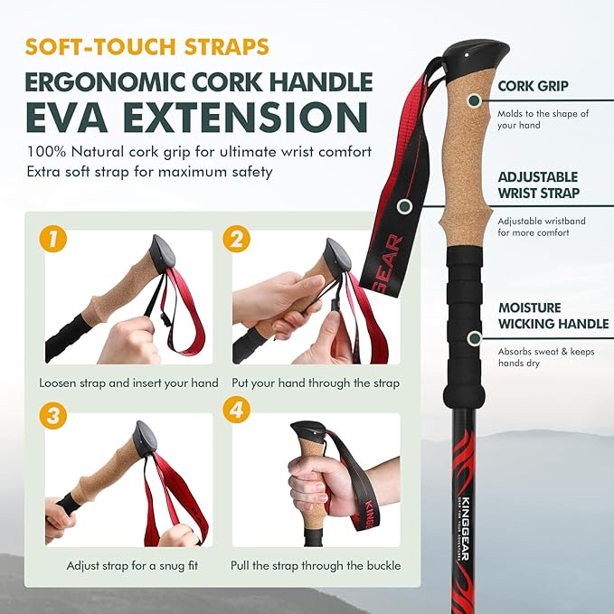 KINGGEAR TPC 100% Carbon Fiber Hiking Poles, Telescopic Retractable Nordic Trekking Poles, Ultra Lightweight Nordic Walking Stick, Metal Flip Locks, Cork and Extended EVA Handle