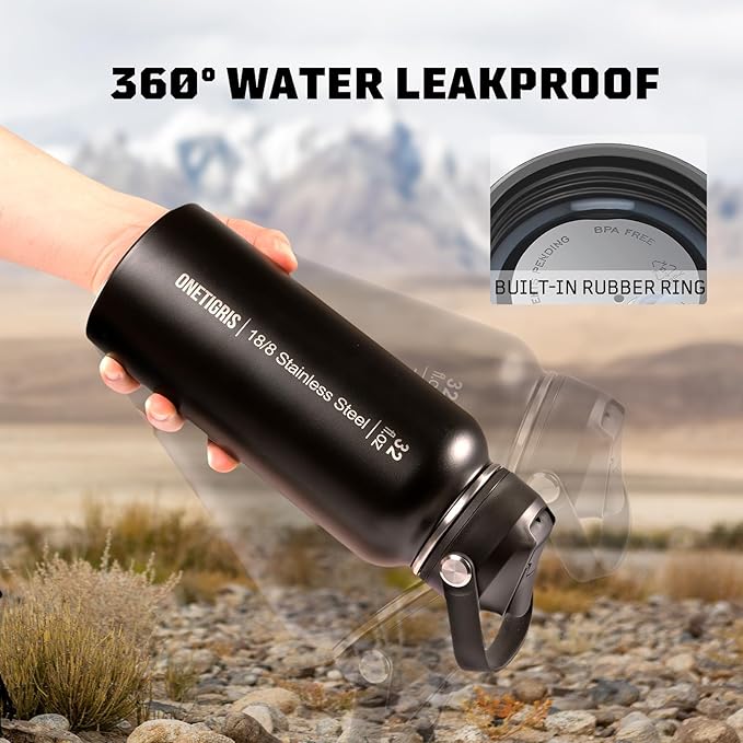 ONETIGRIS 32 oz Insulated Water Bottle with Straw - Tactical Stainless Steel Water Jug, Leakproof Wide Mouth Sport bottle with 3 Lids and Sleeve for Travel, Gym, Camping, Hiking