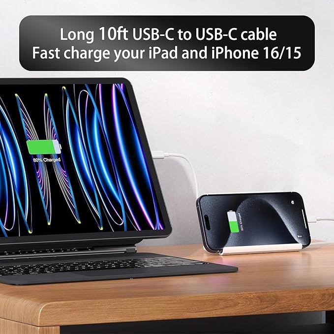 iPad Chrager Fast Charging, USB-C Chrager for New iPad 10th 11th A16/i.Pad Pro/Air/Mini 6th/A17 Pro, 20W Chrager Block & 10ft USB C to C Cable for iPhone 17 16 15 Series, 1Pack White