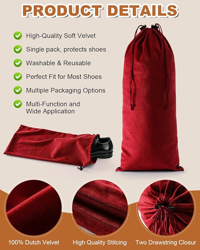 2 Pcs Single Shoe Bags for Travel, 17.3"x8.6" Washable Travel Shoe Bags for Packing in Suitcase, Velvet Dust Bag with Drawstring, Shoe Pouch for Women and Men, Travel and Home Storage (Rio Red)