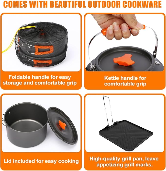 Portable 2 Burner Camping Stove Set with Cookware, 20,000 BTU/h, Outdoor Cooking Kit Includes Outdoor Folding Gas Stove, Frying Pan, Griddle, Kettle, Pot, and Carry Bag, For Propane & Butane