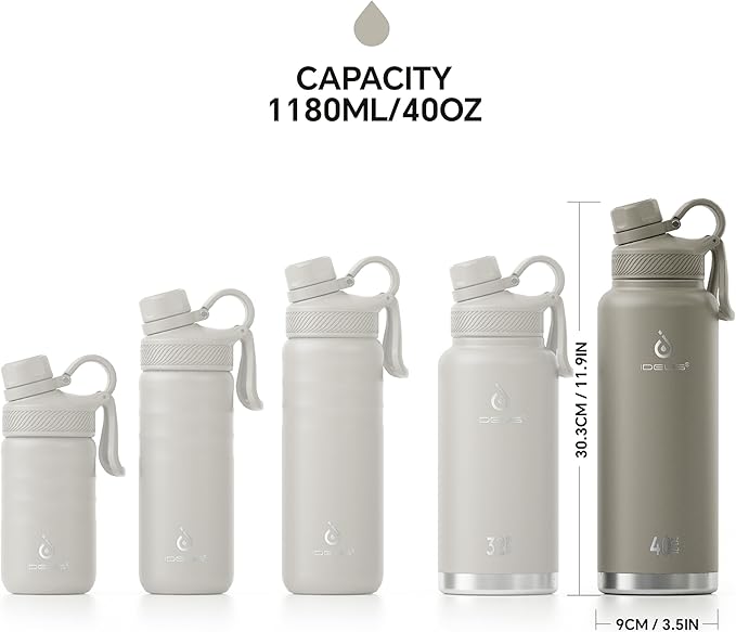 IDEUS Insulated Stainless Steel Water Bottle with 2 Leak-Proof Lids, Thermal Water Flask for Hiking Biking, 40oz, Celadon