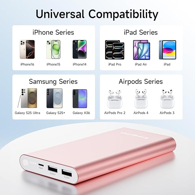 Pilot 4GS Portable Charger 12000mAh Fast Charging Power Bank Dual 3A High-Speed Output Battery Pack Compatible with iPhone 16 15 14 13 12 11 and More (Rose Gold)