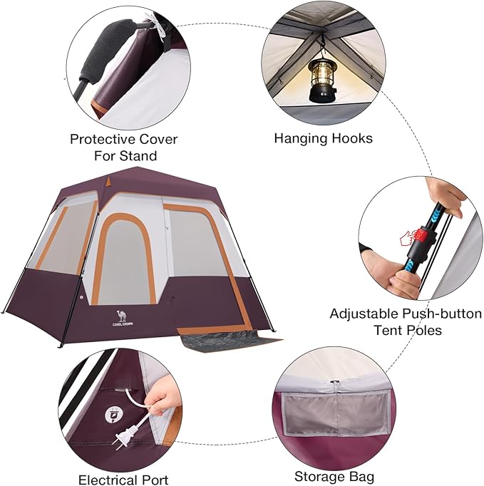 Camping Tents 4/6 Person Pop Up Instant Tent - Setup in 60s for Family Camping, Windproof Design, Family Cabin Tent with Rainfly & Backpack Carry Bag