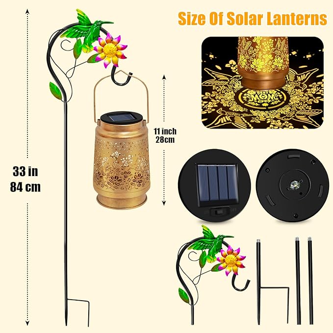 Hummingbird Solar Lanterns Outdoor Waterproof, Hanging Solar Lights Garden Lanterns with Shepherd Hook, Metal Garden Decor for Yard, Patio, Lawn, Landscape, Gifts for Women Mom Mothers Day Christmas