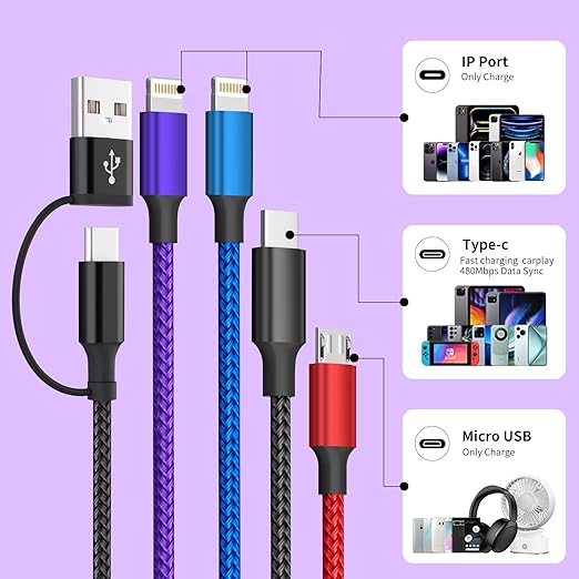 Travel 4 in 2 Multi Charging Cable with Dual IP, Tinned Copper Multi Phone Chargers for All Devices with IP/IP/Type C/Micro Port, Compatible with Most Cell Phones/Tablets and More (1Pack, 5FT)
