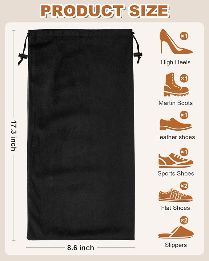 6 Pcs Single Shoe Bags for Travel, 17.3"x8.6" Washable Travel Shoe Bags for Packing in Suitcase, Velvet Dust Bag with Drawstring, Shoe Pouch for Women and Men, Travel and Home Storage(Black Beauty)