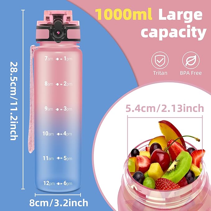 OLDLEY 32 oz Water Bottle, Motivational Water Bottle with Time Marker, Sports Water Bottle With Strap, Leakproof & BPA Free Large Water Bottles for School, Gym, Travel, Outdoor, Tritan,Pink&Blue