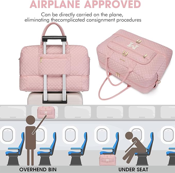 Initial Travel Duffle Bag for Women - Pink Personalized Weekender bags Overnight Bag with Shoe Compartment & Wet Pocket Weekend Tote Bags with Toiletry Bag Monogram Christmas Gifts (Letter M)