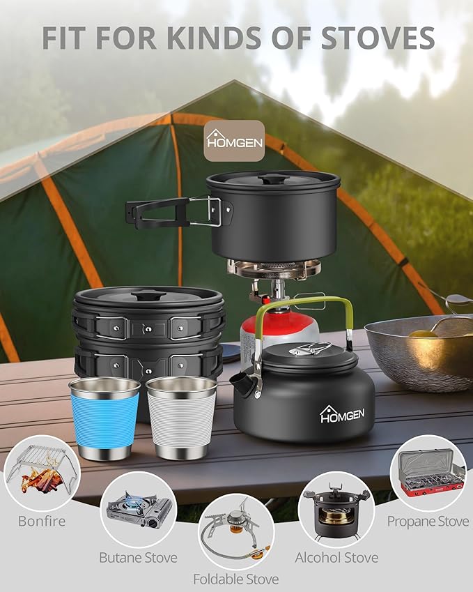 HOMGEN 12-Pieces Ultralight Anodized Aluminum Camping Cookware Set for 2 People - Nesting Pot/Pan with Foldable Handles 800ml Insulated Teapot & Stainless Cups for Camping Hiking