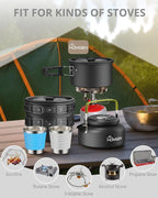 HOMGEN 12-Pieces Ultralight Anodized Aluminum Camping Cookware Set for 2 People - Nesting Pot/Pan with Foldable Handles 800ml Insulated Teapot & Stainless Cups for Camping Hiking