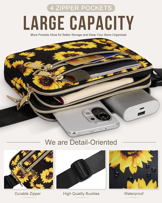 Capolo Fanny Packs for Women Fashion Waist Packs Bag with Adjustable Strap and 4 Zipper Pockets Waterproof Everywhere Crossbody Belt Bag for Workout Running Travelling(Sunflower, Large)