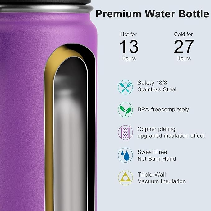 koodee Stainless Steel Water Bottle, 26 oz Double Wall Vacuum Insulsted Sports Bottle with Leakproof Spout Lid (Purple)