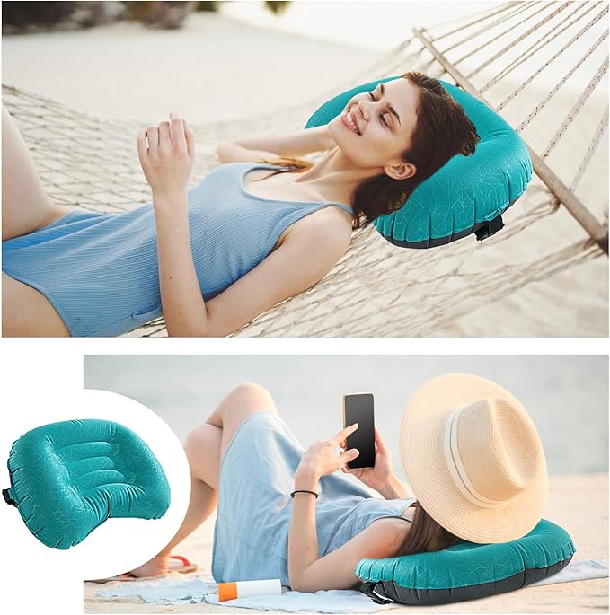HOMBYS Beach Pillow Inflatable Camping Pillow Pool Pillow-Won’t Blow Away on Windy Beaches, Soft & Durable, Foldable and Portable, with Straps and Sandbag.(Blue, 17"x12.6"x4.7")
