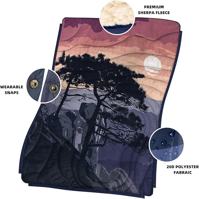 Outdoor Camping Blanket with Sherpa Lining, Extra Warm Thick Camp Blankets and Puffy Ultralight Soft Poncho DWR Camping Quilt for Cold Weather, Adventure, Sleeping, Backpacking 56"x 40"