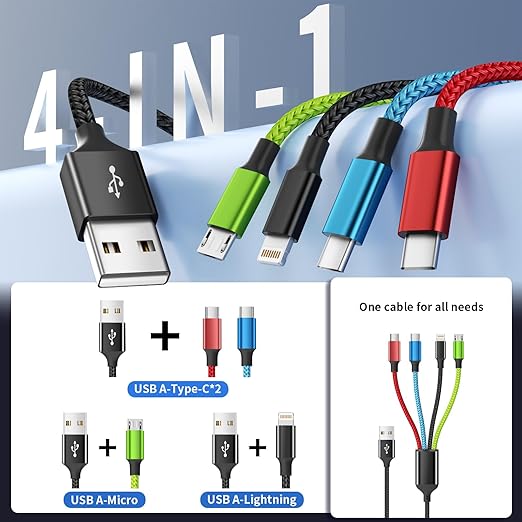 Travel Essentials Multi Charging Cable [2Pack 5FT], Car Accessories 4 in 1 Charging Cords, USB Cable Phone Charger with IP/Type C/Type C/Micro, Compatible with Most Phones/Tablets and More