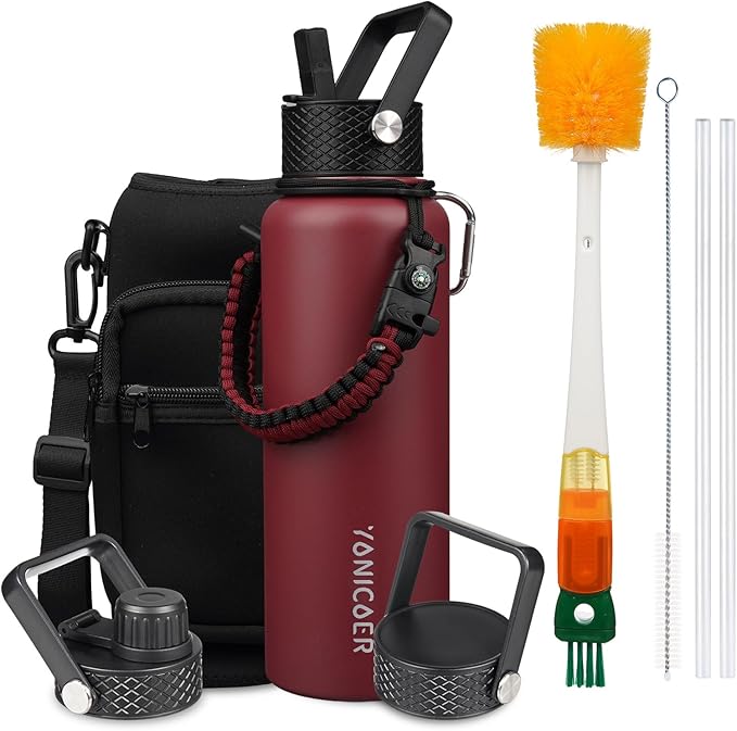 Insulated Water Bottle 40oz,Triple Wall Vacuum Stainless Steel(Dishwasher Safe),Leak Proof & Non-BPA,Flask Jug with Paracord Handle & Straw Spout Lids Sports Red
