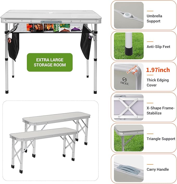 Nice C Folding Picnic Table, Portable Picnic Table, Folding Table with Bench, Outdoor Table and Chairs, Hole for Umbrella, Mesh net Storage, Backyard, Party, Outdoor, Lawn