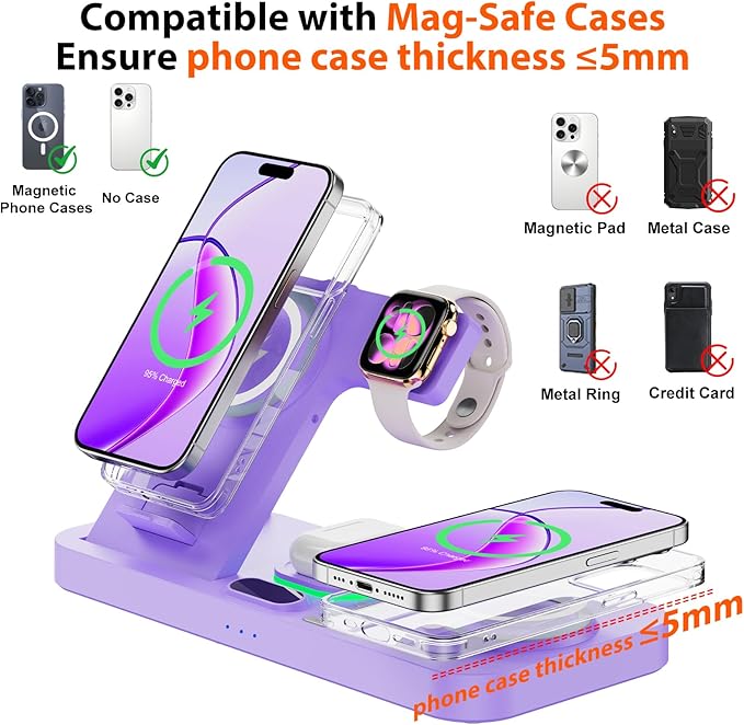 Dual Phone Magnetic Wireless Charging Station for Apple Devices/Apple Ecosystem,with Auto-Switch 7-Color Light & Clock, Compatible with iPhone 17/16/15, for iWatch 11/10/9 & AirPods Pro3(Purple