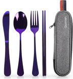 Travel Utensils with Case, Quatish Portable Silverware Set for Work, Stainless Steel Reusable Travel Cutlery Set, Fork and Spoon Set for Camping, EDC Gadgets, Lunch Box for Men, Purple