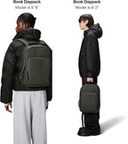 RAINS Book Daypack - Green Laptop Backpack for Men and Women, Waterproof Black Minimalist Commuter Bag with 15” Laptop Room, Front Zip Pocket - 2 Year Warranty