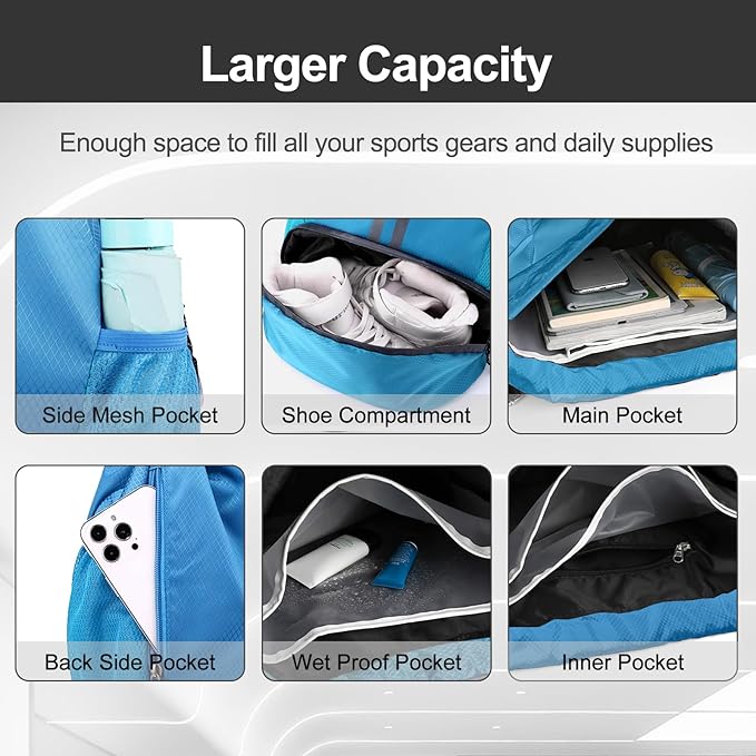 Hoedia Sports Drawstring Backpack - String Swim Gym Bag with Shoes Compartment and Wet Proof Pocket for Women/Men (Sky Blue)