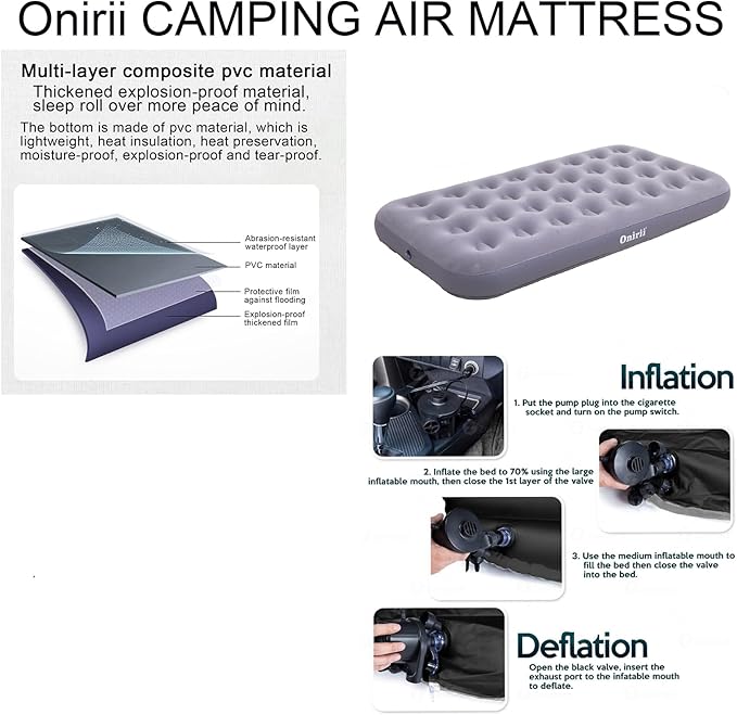 Twin Size Single Camping Air Mattress Bed with Air Pump,Inflatable Air Mattress,Thickened Portable Blow Up Bed,Travel Sleeping Pad for Truck Tent Camping/Home/Hiking(Grey)