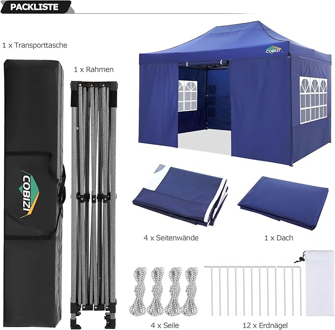 COBIZI 10x15 Pop up Canopy Tent 10x15 Canopy with 4 Sidewalls Waterproof Heavy Duty Commercial Canopy Tent for Parties Outdoor Tent Garden Gazebo Tent, Carry Bag(10x15ft, Dark Blue)