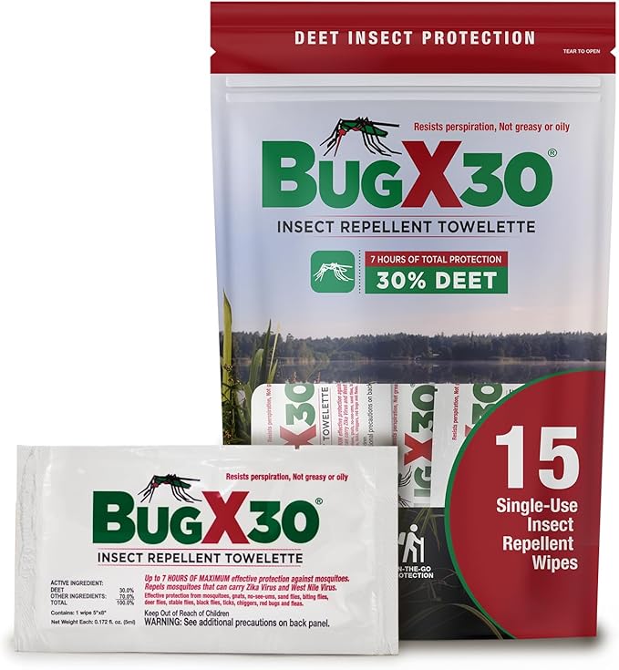 CoreTex Bug X 30 Mosquito, Tick, & Insect Repellent Wipes (30% DEET) with Resealable Travel Bag - Pack of 15 Single-Use Bug Repellent Wipes for Up to 7+ Hours of Protection Against 12 Types of Insects