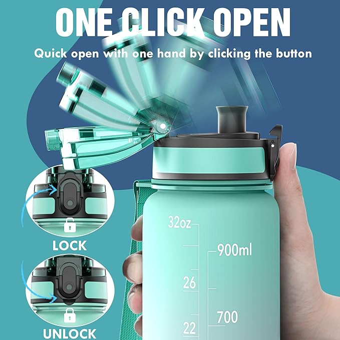 OLDLEY Water Bottle, 32oz Motivational Sports Water Bottle with Time Marker - Times to Drink - Tritan, BPA Free, Wide Mouth Leakproof, Bubble Gum (1 Bottle)