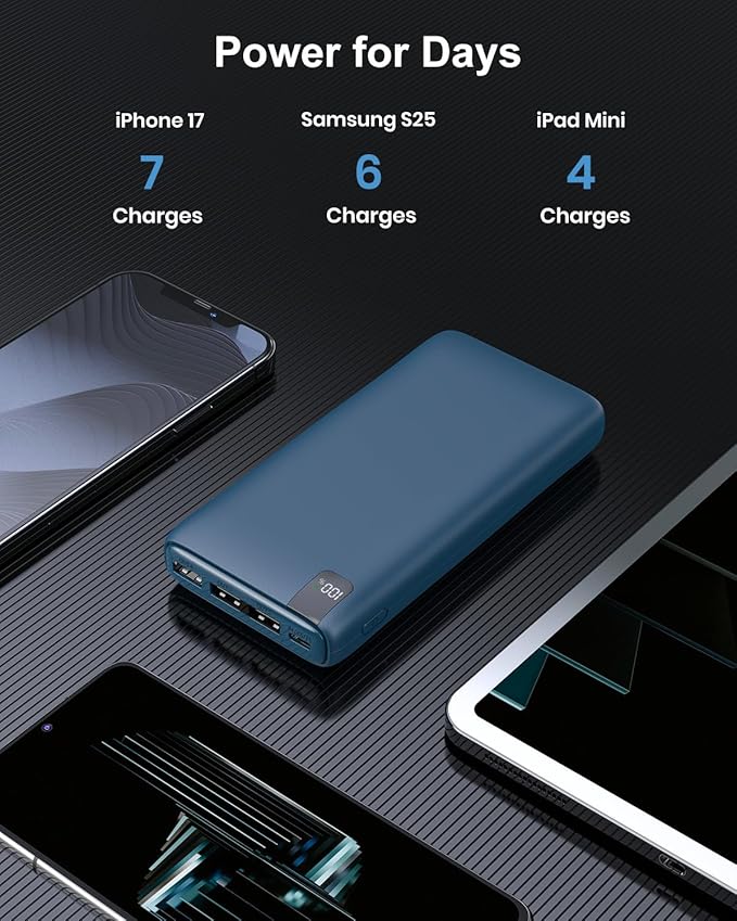 IXNINE Power Bank 26800mAh Portable Charger, 22.5W Fast Charging PD QC 3.0 Compact External Battery Pack with LED Display and 4 USB Outputs for Cellphone Tablet (Blue)
