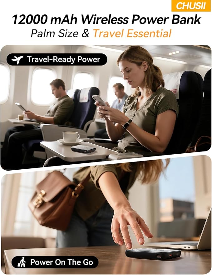 for Magsafe Portable Charger, 12000mAh Wireless Magnetic Power Bank with Stand and PD 20W Fast Charging, for Magsafe Battery Pack Compatible with iPhone 17/16/15/14/13 Series,Travel Camping Essential